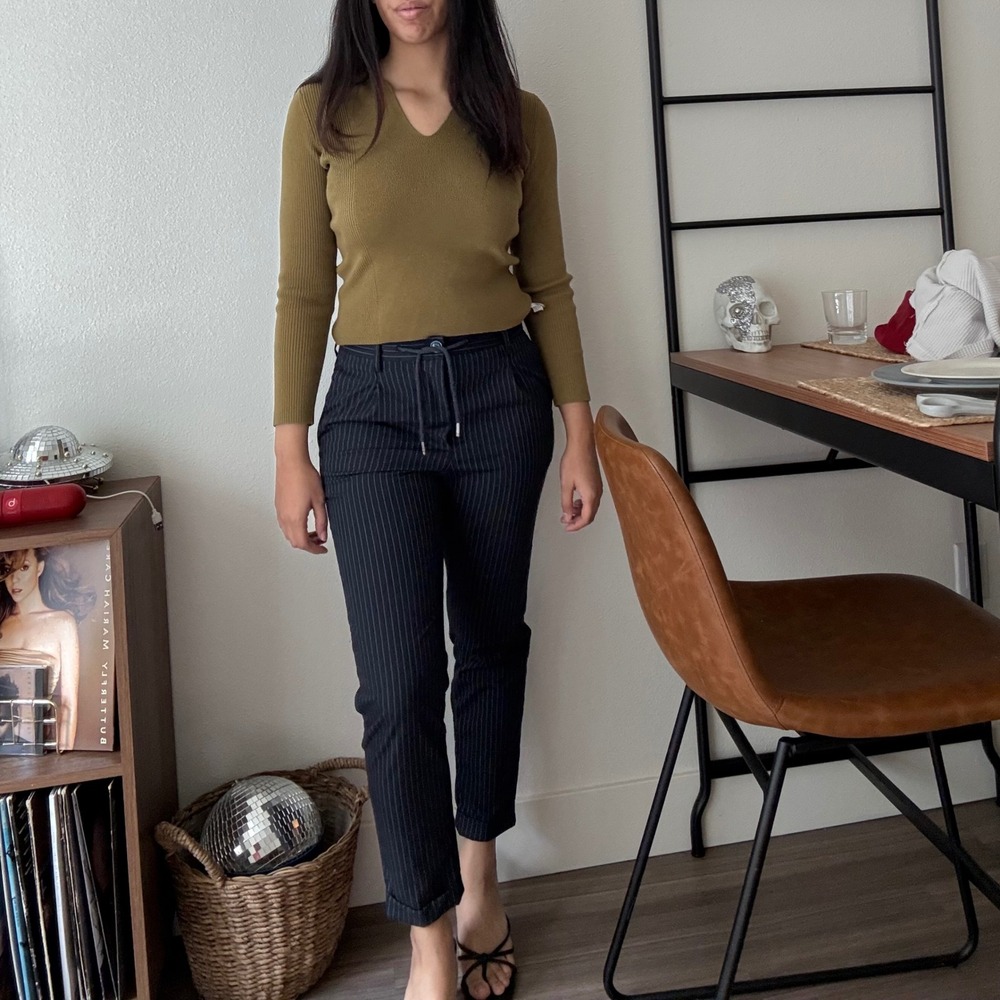 Mng Man Navy Blue Pinstripe Drawstring Cuffed Tapered Trousers Mens